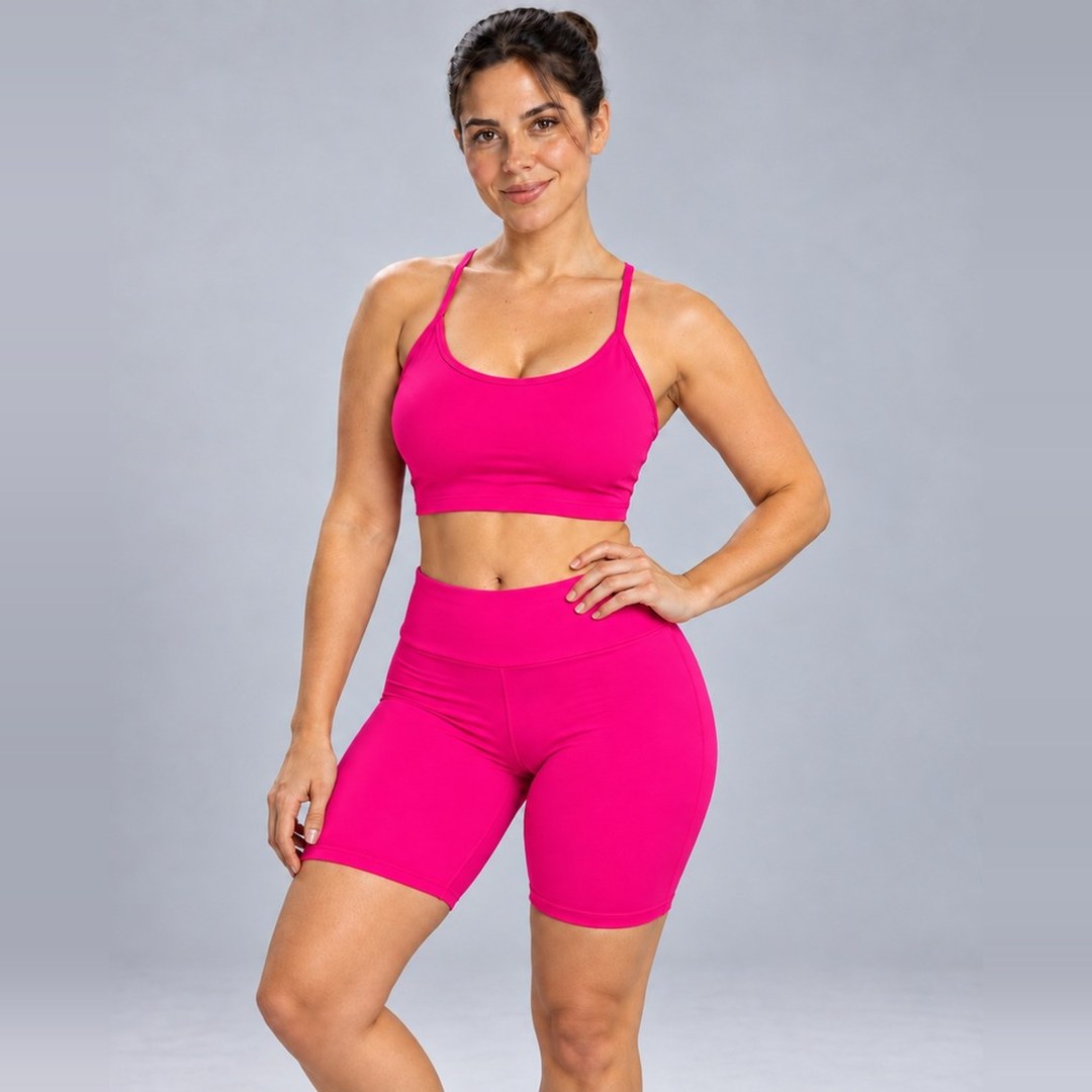 Conjunto Fitness Feminino Top Cropped Nadador Short Ciclista Cintura Alta Suplex Academia 310001A
